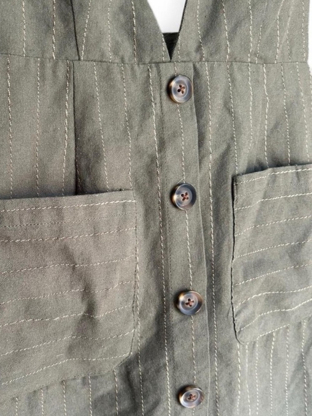 Hayden Jumper Pinafore Olive Green Pinstripe Overall Dress Buttons 100% Cotton - Picture 11 of 14